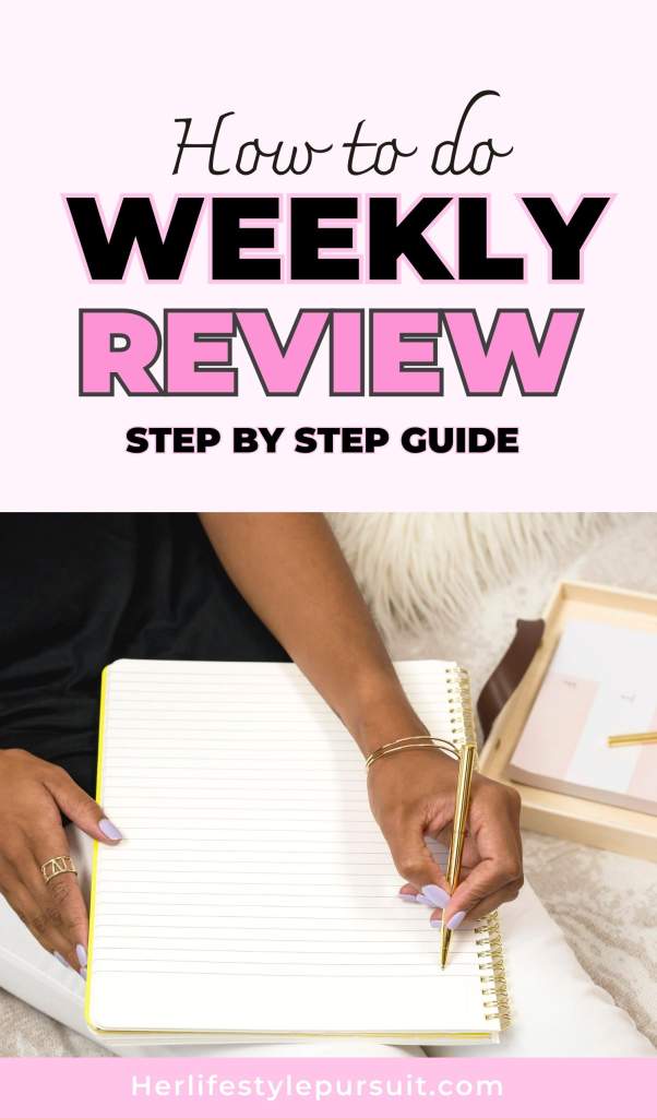 Weekly self-reflection questions - A woman reflecting on her week, answering questions in her notebook for personal growth and development.