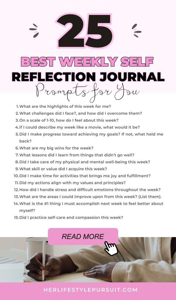 Weekly self-reflection questions - A woman reflecting on her week, answering questions in her notebook for personal growth and development.