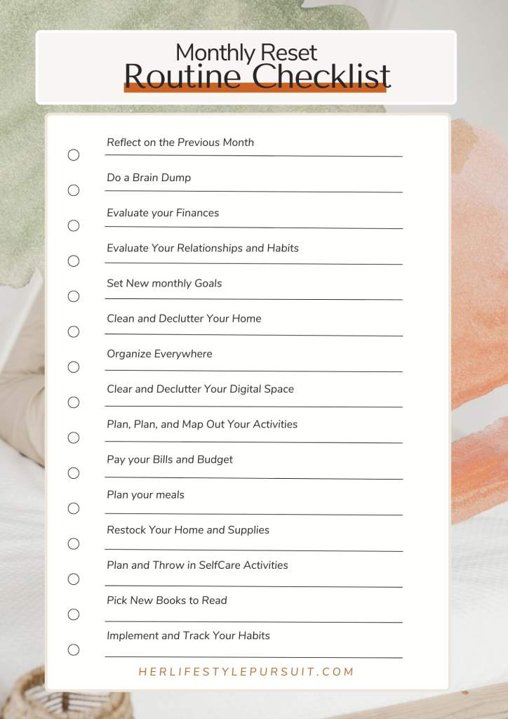 List of monthly things to do for resetting your month.