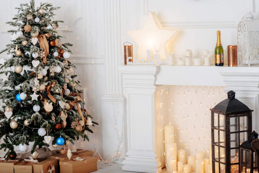 Image of a festive holiday setting with twinkling lights and ornaments Christmas Affirmations.. 'creating a perfect atmosphere for embracing positive thoughts and holiday spirit."