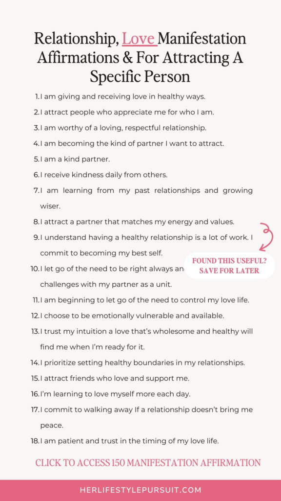 A Pinterest Pin format with list of manifesting affirmations for love, relationship and specific person