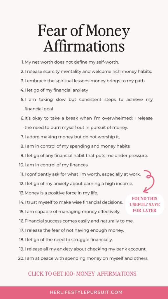 Infographics with a list of fear of money affirmations