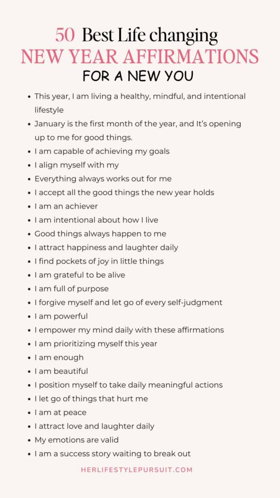 0 Best Life-Changing New Year Affirmations for a New You" from herlifestylepursuit.com. The list includes positive affirmations such as "This year, I am living a healthy, mindful, and intentional lifestyle," "I am capable of achieving my goals," "I am grateful to be alive," and "I attract love and laughter daily." These affirmations emphasize self-love, purpose, mindfulness, and positivity for the new year.