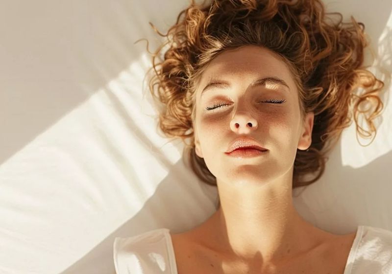 Woman with curly hair lying peacefully on white bedding in morning sunlight, eyes closed with a serene expression, wearing light-colored clothing, with natural sunlight creating soft shadows across her face