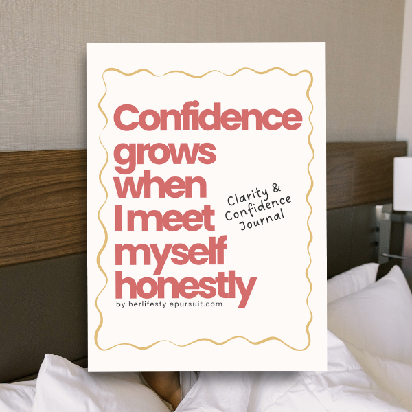 Clarity & Confidence Journal mockup – printable self discovery journal with affirmations and prompts. Personal development workbook for women building confidence, self love, and intentional living.
