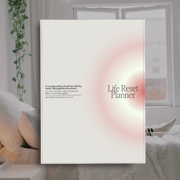 Life Reset Planner mockup – minimalist printable daily planner for clarity, calm, and structure. Self care and productivity tool for women wanting to reset habits and organize their life with intention.