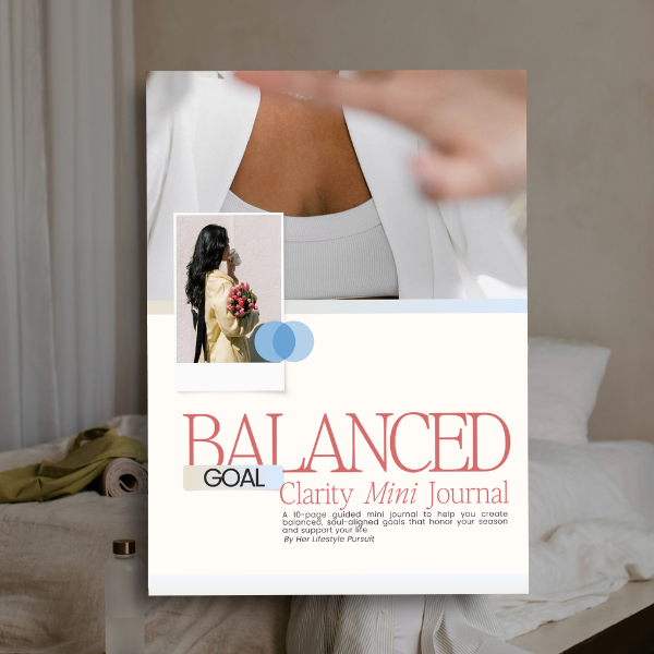 Balanced Goal Clarity Mini Journal mockup – printable guided journal for self growth and goal setting. A stylish productivity workbook for women focusing on clarity, balance, and intentional living.