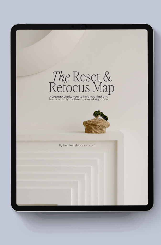 The Reset & Refocus Map by herlifetsylepursuit.com mockup – minimalist printable clarity tool to help women reset, refocus, and realign their goals. A 2-page intentional living worksheet for self growth, productivity, and balance.