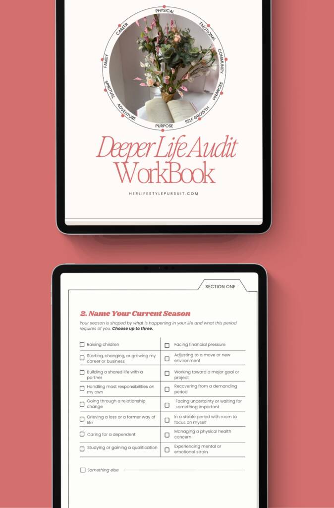 Two tablet screens on a dusty rose background show the Deeper Life Audit Workbook cover, with life areas arranged around a floral image, and a season questionnaire with selectable life circumstances.