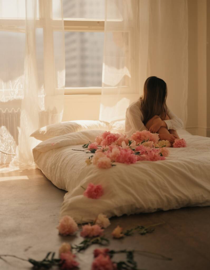 A woman sitting alone on a white bed, hugging her knees, with pink flowers scattered around her in a softly lit bedroom.
